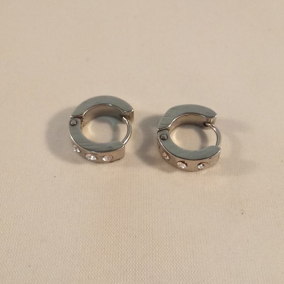 Mens Silver Stainless Steel Diamond Zircon Hoop Huggie Earrings 14mm Party Gift - Picture 3 of 5